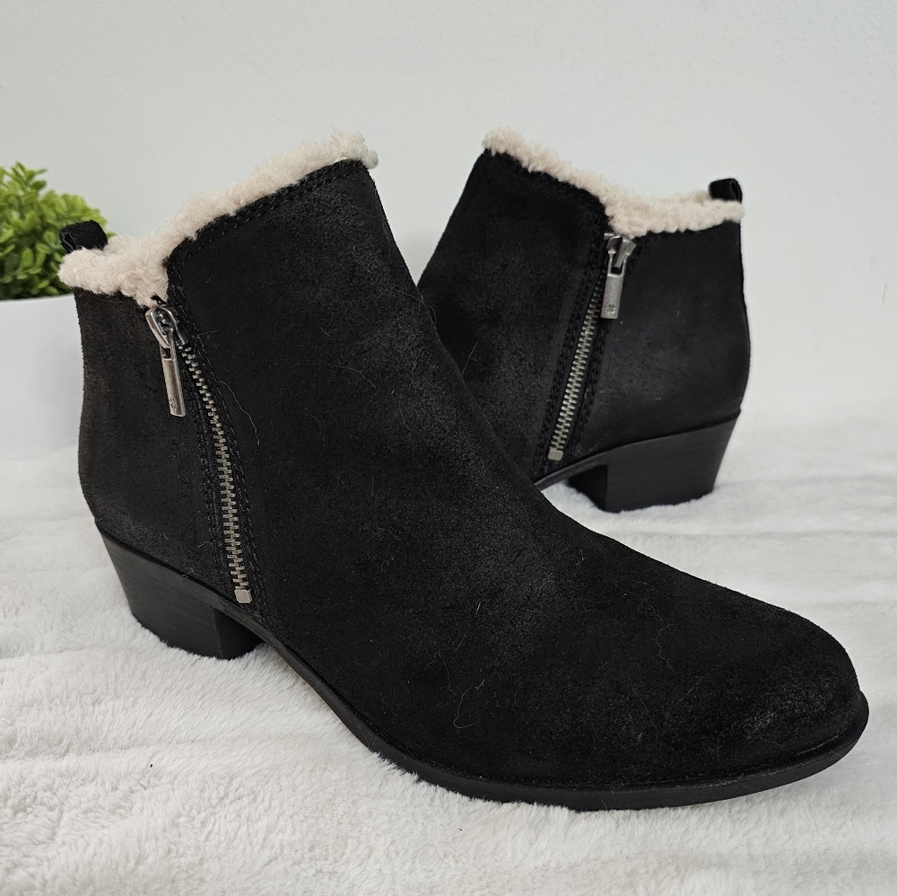 Lucky Brand Black Sueded Leather Sherpa Lined Dual Zip Basel Booties